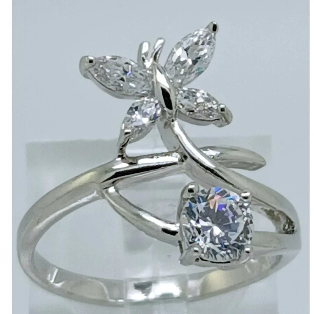 Vintage 1990s‎ Butterfly Bypass Ring Silver Tone Marquise Round Stones Size 7.5